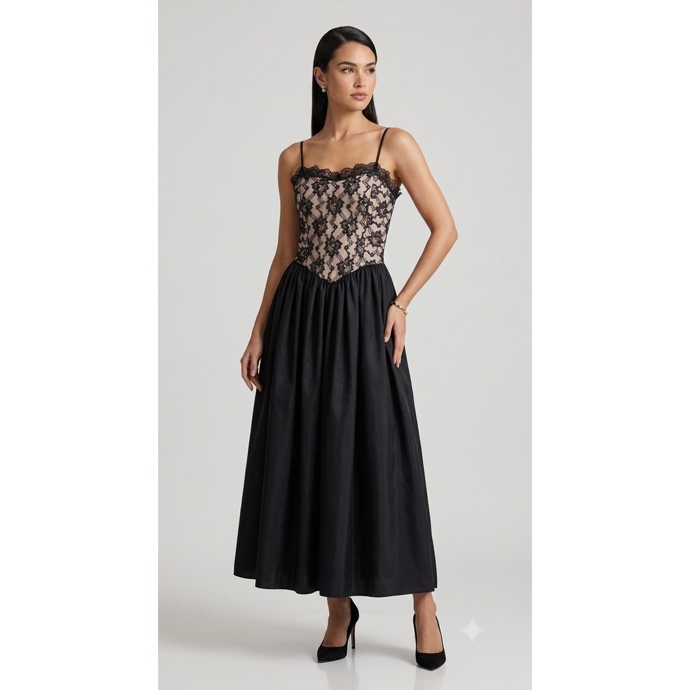 VTG Alicia Corset Dress Women 9/10P (modern 4) Black Lace Midi Strap V-Waist